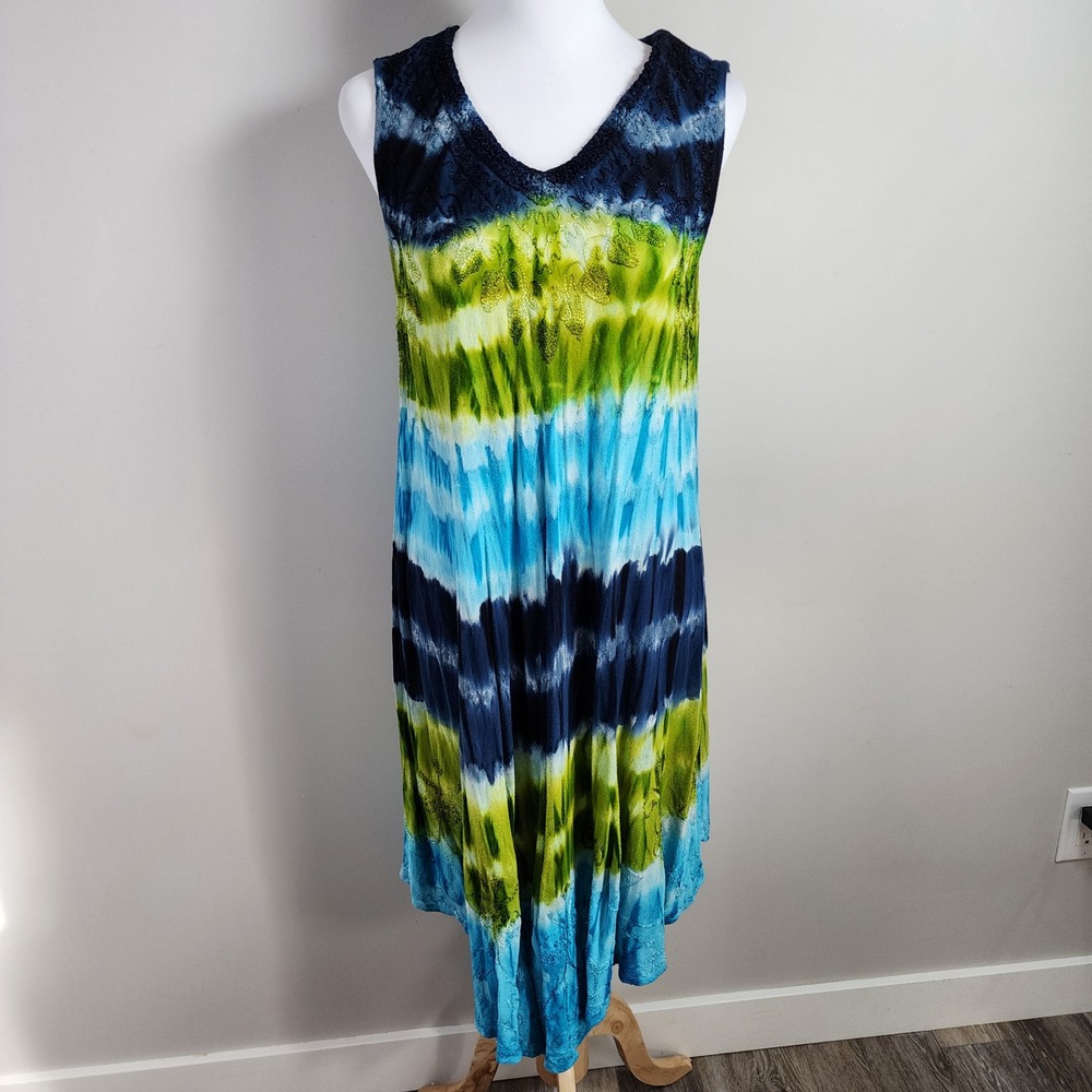 Tie Dye Dress Womens M L Blue Green‎ Embroidered Boho Lagenlook Hippie Festival